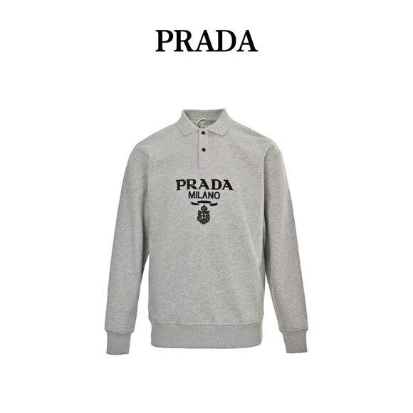 PRADA Prada Logo Letter Jacquard Ribbed Knit Loose Long Sleeve Polo Shirt Men's